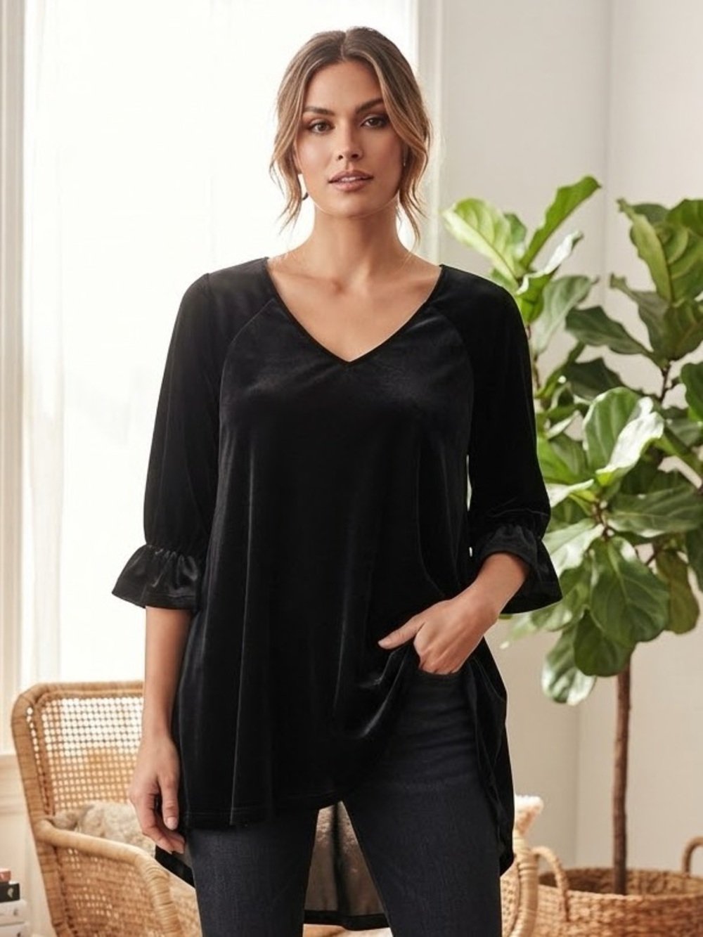 Umgee Black Velvet V-Neck Ruffle Sleeve Tunic Top